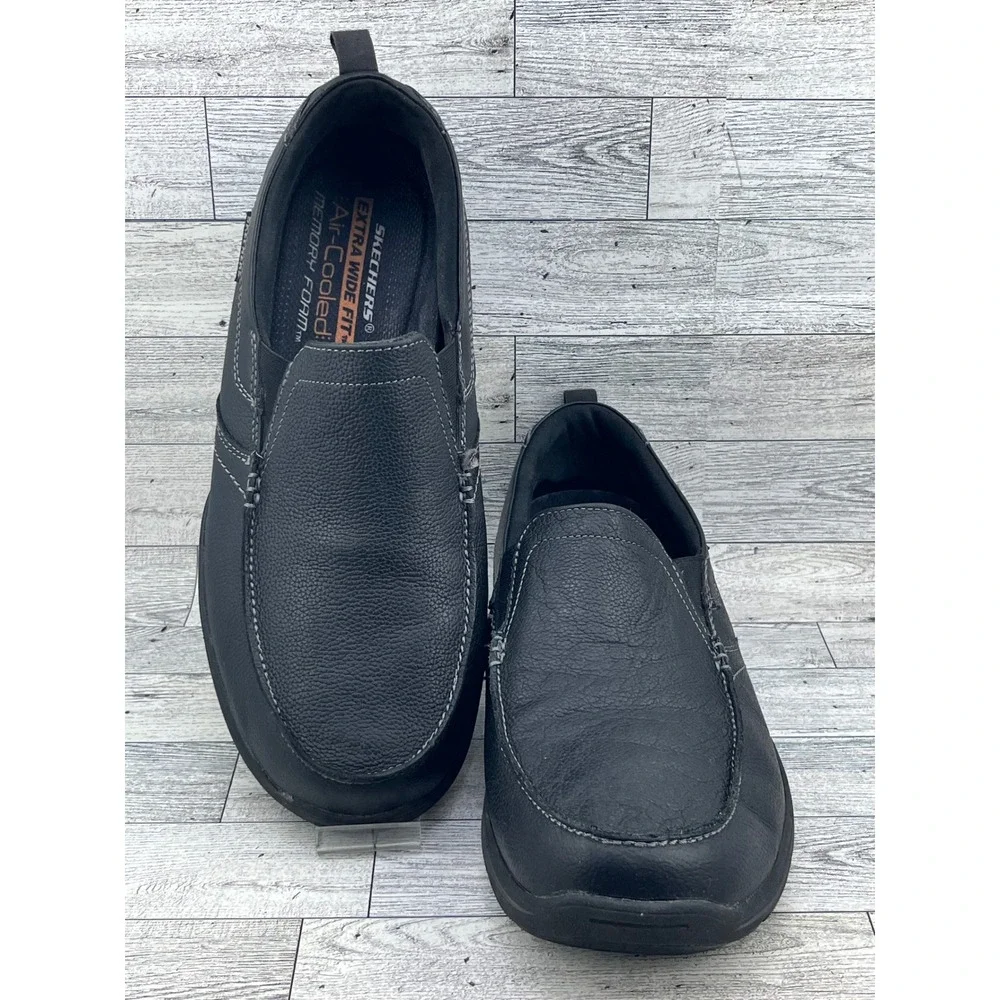 Skechers Mens 64858EWW‎ Black Leather Extra Wide Fit Memory Foam Loafers 11 EWW